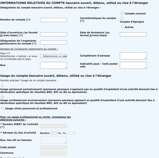 Formulaire d'informations sur un compte bancaire ouvert à l'étranger.