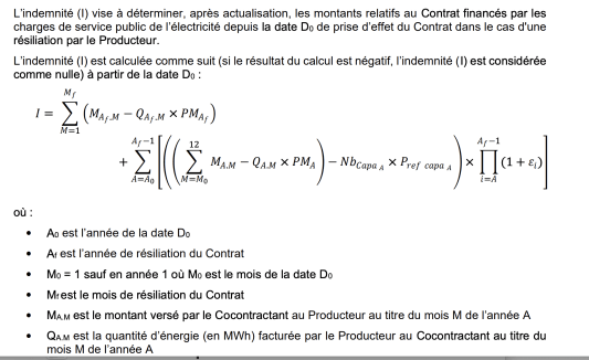 Formule math&eacute;matique pour calculer une indemnit&eacute; de r&eacute;siliation contractuelle dans le cadre d'un contrat S21 avec EDF OA.