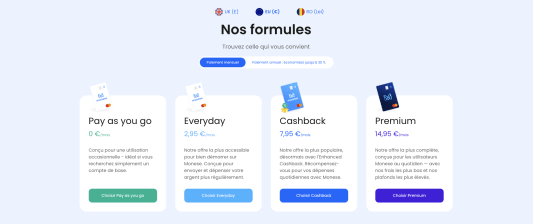 Quatre offres bancaires Monese avec différents tarifs mensuels affichés.