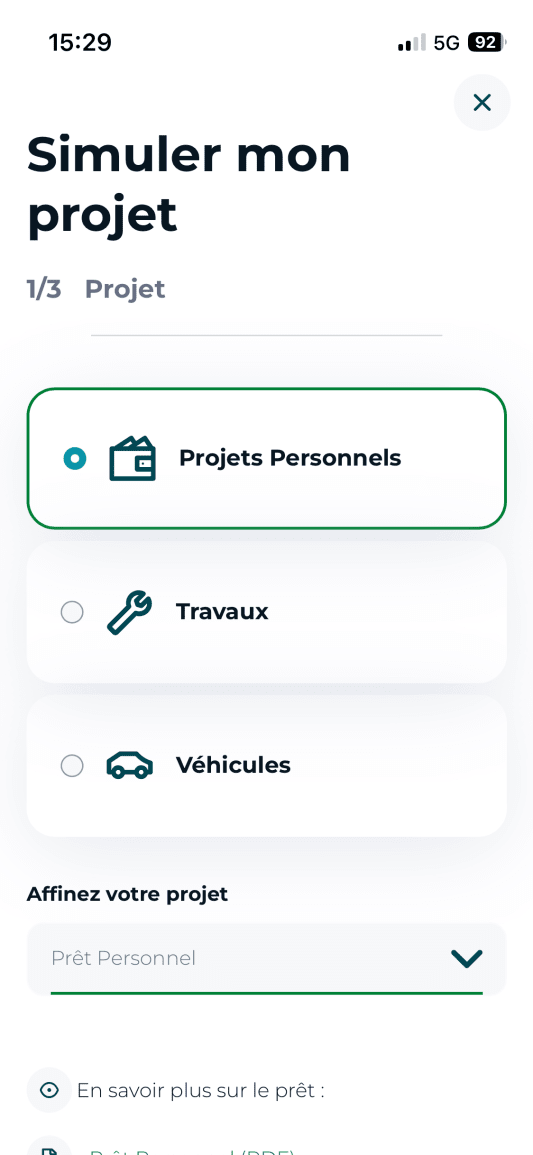 Écran de simulation de projet avec trois choix : personnels, travaux, véhicules.