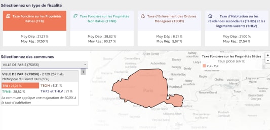Carte et taux des taxes locales à Paris