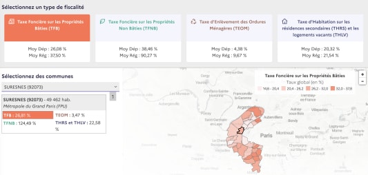 Carte des taux des impots locaux à Suresnes, en région parisienne.