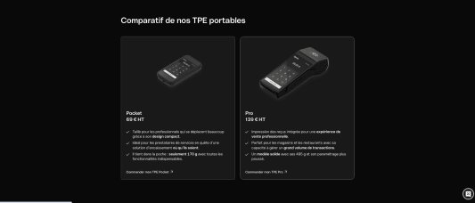 Capture du site qonto.com comparant les deux terminaux de paiement portables.