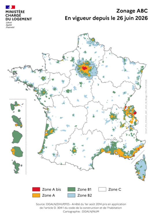 Carte du zonage ABC du logement en France, juin 2026.