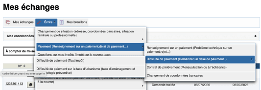 Menu de messagerie pour demander un délai de paiement d'impôt.