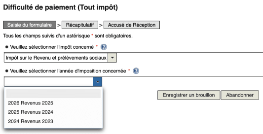 Formulaire en ligne sélection impôt et année, difficulté de paiement.