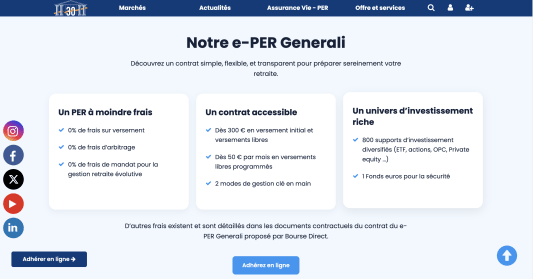 Capture du site Bourse Direct pr&eacute;sentant le contrat e-PER Generali