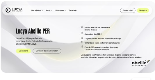 Présentation du contrat Lucya Abeille PER sur le site de Lucya