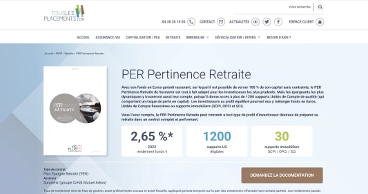 Capture du site touslesplacements.com présentant le PER Pertinence Retraite